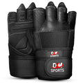 DXM SPORTS Men's Weight Lifting Leather Gloves with Wrist Wrap Support - Black