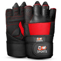 DXM SPORTS Men's Weight Lifting Leather Gloves with Wrist Wrap Support - Red